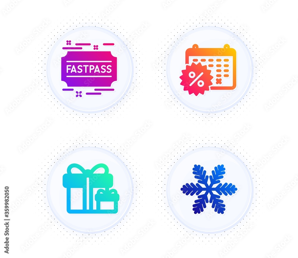 Poster calendar discounts, fastpass and surprise package icons simple set. button with halftone dots. snowf