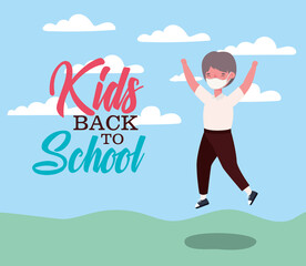 Boy kid jumping with medical mask design, Back to school and social distancing theme Vector illustration