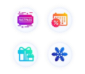 Calendar discounts, Fastpass and Surprise package icons simple set. Button with halftone dots. Snowflake sign. Shopping, Entrance ticket, Present boxes. Air conditioning. Holidays set. Vector