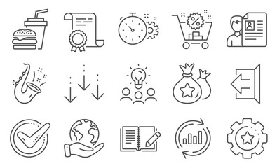 Set of Business icons, such as Settings gear, Job interview. Diploma, ideas, save planet. Cogwheel timer, Shopping cart, Hamburger. Scroll down, Feedback, Sign out. Vector