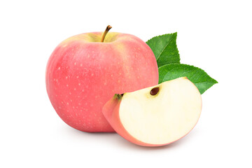 Fresh Fuji Apple fruit with sliced and green leaves isolated on white background.