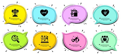 Search flight, Shopping bags and Love signs. Chat bubbles with quotes. Love couple, Attraction and Santa boots line icons set. Airplane travel, Ask me symbols. Lovers, Free fall. Holidays set. Vector
