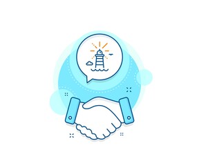 Beacon tower sign. Handshake deal complex icon. Lighthouse line icon. Searchlight building symbol. Agreement shaking hands banner. Lighthouse sign. Vector