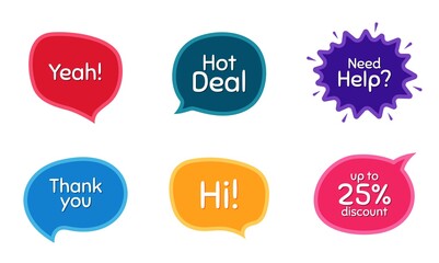 Hot deal, 25% discount and need help. Colorful chat bubbles. Thank you phrase. Sale shopping text. Chat messages with phrases. Texting thought bubbles. Vector