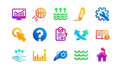 Signature, Analytics and Question mark. Waves, Whistle and Global warming icons. Classic icon set. Gradient patterns. Quality signs set. Vector