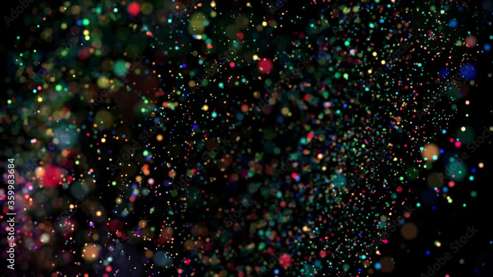 Poster abstract background in 4k with glitter magic multicolor particles fly and glow in viscous liquid wit
