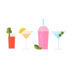 Cocktails vector set. Alcoholic and non alcoholic drinks, as vermouth, bloody mary, tropical cocktail and milkshake. Beverages for menu design, summer print, poster, party. Flat illustration isolated.