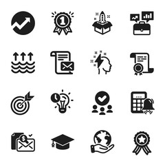 Set of Education icons, such as Startup, Target. Certificate, approved group, save planet. Reward, Audit, Mail letter. Brainstorming, Business portfolio, Graduation cap. Vector