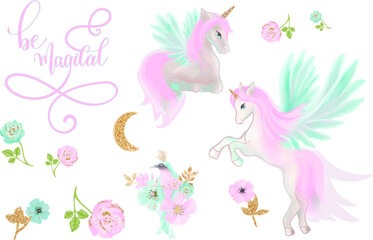Magical unicorns fairy floral  vector clip art floral set. Unicorn and flowers