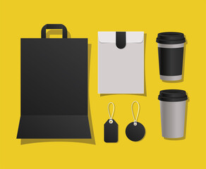 Mockup bag mugs and labels design of corporate identity template and branding theme Vector illustration