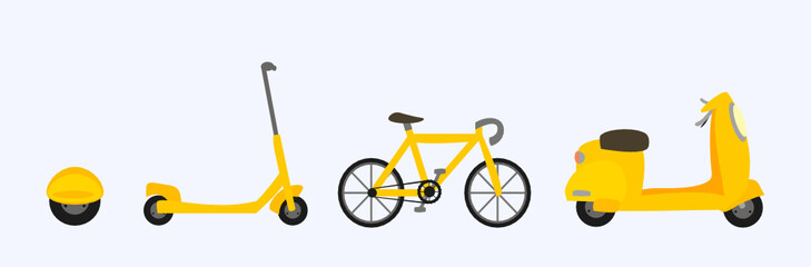 Set of illustrations of modern urban transport. Bike, electric scooter, moped and unicycle. Transport in yellow isolated on a blue background.