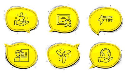 Wind energy sign. Diploma certificate, save planet chat bubbles. Chemistry lab, Job interview and Quickstart guide line icons set. Laboratory, Cv file, Lightning symbol. Ventilator. Vector