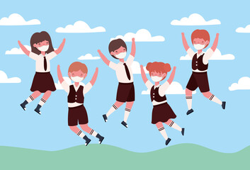 Girls and boys kids jumping with medical masks design, Back to school and social distancing theme Vector illustration