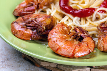 pasta with shrimp. traditional italian dish with shrimp. Home kitchen.