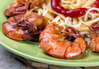 pasta with shrimp. traditional italian dish with shrimp. Home kitchen.