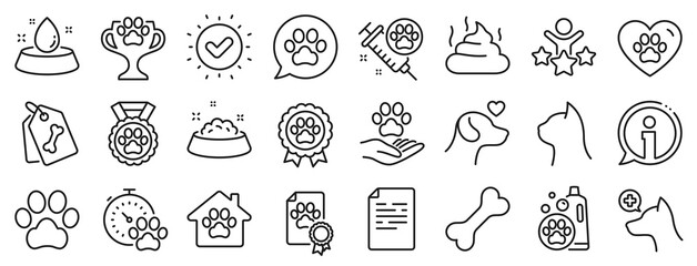 Veterinary, dog care and cat food. Pets line icons. Lovely animals, shampoo for pets and doghouse icons. Vaccine, pet care and dog paw. Winner cup, certificate and medal. Animal feces. Vector