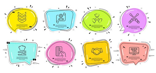 Screwdriverl, Cogwheel blueprint and Payment card signs. Speech bubbles with quotes. Web tutorials, Employees handshake and Food line icons set. Chemical hazard, Shoulder strap symbols. Vector