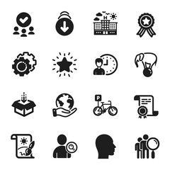 Set of Business icons, such as Head, Bicycle parking. Certificate, approved group, save planet. Get box, Creative painting, Elephant on ball. Hotel, Search people, Working hours. Vector