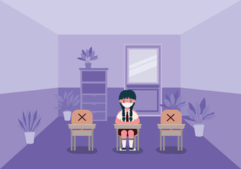 Girl kid on desk with medical mask at classroom design, Back to school and social distancing theme Vector illustration