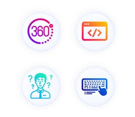 360 degrees, Seo script and Support consultant icons simple set. Button with halftone dots. Computer keyboard sign. Full rotation, Programming, Question mark. Pc device. Technology set. Vector