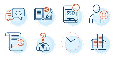 Hiring employees, Security and Buildings signs. Engineering documentation, Recovery ssd and Happy emotion line icons set. Report, Time symbols. Manual, Backup info. Business set. Vector