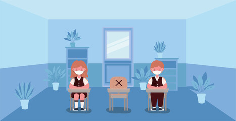 Girl and boy kids on desks with medical masks at classroom design, Back to school and social distancing theme Vector illustration