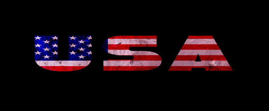 3D USA text with American flag inside the text. USA flag in text. American flag in letters. National emblem. Patriotic illustration.