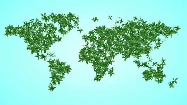 World map made up of various detailed trees on world map including the shadows. This animation of a forest is conceptual of the global green environmental issues worldwide