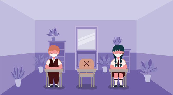 Girl and boy kids on desks with medical masks at classroom design, Back to school and social distancing theme Vector illustration