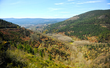 
Paisaje otoñal de las montañas en el Camino de Santiago, Camino Sanabres, cerca de Laza, provincia de Orense, Galicia, España