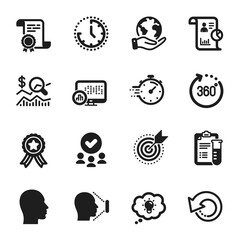 Set of Science icons, such as Face id, Recovery data. Certificate, approved group, save planet. Target purpose, Report statistics, Time. Timer, 360 degrees, Check investment. Vector