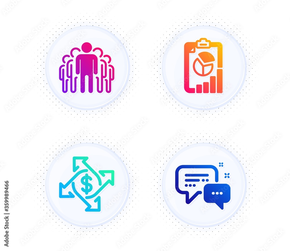 Poster payment exchange, report and group icons simple set. button with halftone dots. employees messenger 