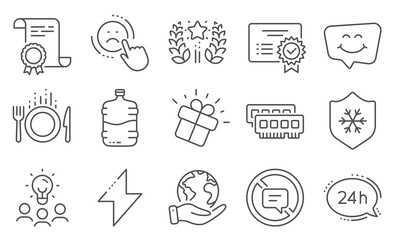 Set of Business icons, such as Ram, Certificate. Diploma, ideas, save planet. Smile chat, Dislike, Gift. 24h service, Clean skin, Energy. Food, Cooler bottle, Ranking. Stop talking line icons. Vector