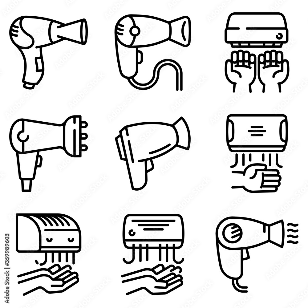 Poster dryer icons set. outline set of dryer vector icons for web design isolated on white background