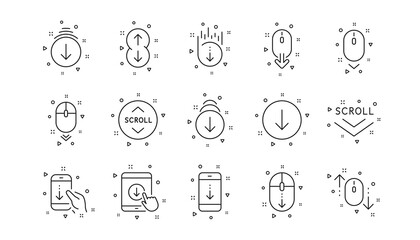 Scrolling mouse, landing page swipe signs. Scroll down line icons. Mobile device technology icons. Website scroll navigation. Phone scrolling. Linear set. Geometric elements. Quality signs set. Vector