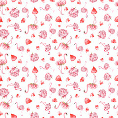 Boho seamless pattern with peony, poppy,pink flamingos, orange flamingos, tropical floral elements on white background .
 Stock illustration. Hand painted in watercolor.
