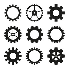 Set of vector icons of gear wheel, cogwheel mechanism. Black gearwheel on white background.