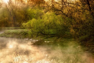 The mist rises over the river early on springitme morning