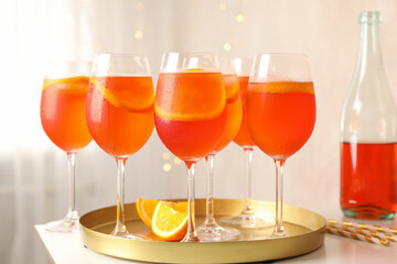 Composition with tray with cocktails. Summer drink