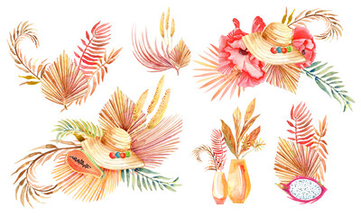  Boho floral tropical compositions, poppy , papaya, sun hut, dried palm leaves. Isolated elements on white background. Stock illustration. Hand painted in watercolor.