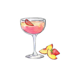 Glass with pink drink and strawberry and peach slices. Hand drawn watercolor and ink illustration.
