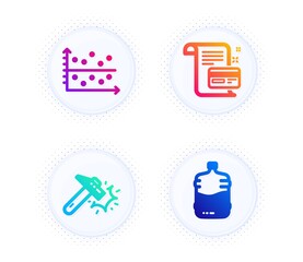 Payment card, Hammer blow and Dot plot icons simple set. Button with halftone dots. Cooler bottle sign. Agreement conditions, Crash tool, Presentation graph. Water drink. Business set. Vector