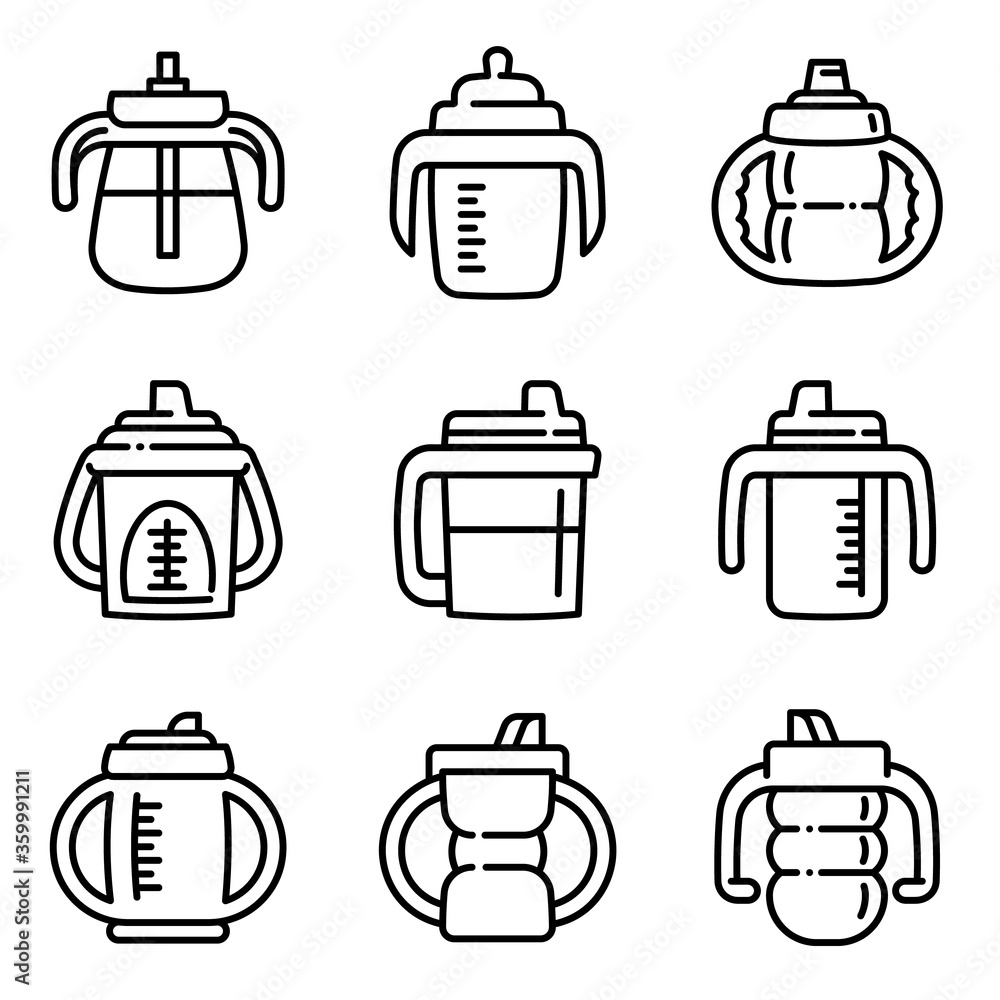 Poster sippy cup icons set. outline set of sippy cup vector icons for web design isolated on white backgrou