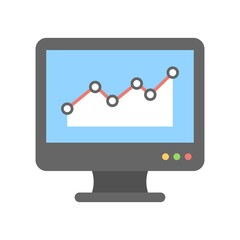 Business analytics presentation on computer display flat icon illustration.