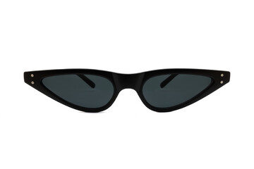 Black triangular cat eye sunglasses with thick frames and black matte lenses isolated on white...