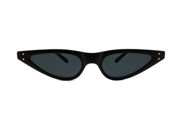 Black triangular cat eye sunglasses with thick frames and black matte lenses isolated on white background. Front View.