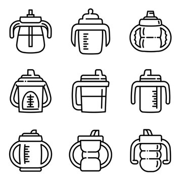 Sippy cup icons set. Outline set of sippy cup vector icons for web design isolated on white background