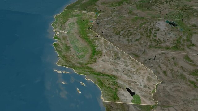 California, state with its capital, zoomed and extruded on the satellite map of United States in the conformal Stereographic projection. Animation 3D