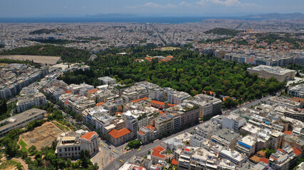 Obraz premium Aerial drone photo of Athens Metropolitan dense populated area in Vasilisis Sofias and Vasileos Konstantinou avenues, Attica, Greece