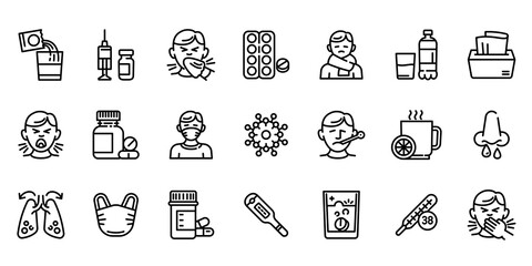 Flu icons set. Outline set of flu vector icons for web design isolated on white background - obrazy, fototapety, plakaty